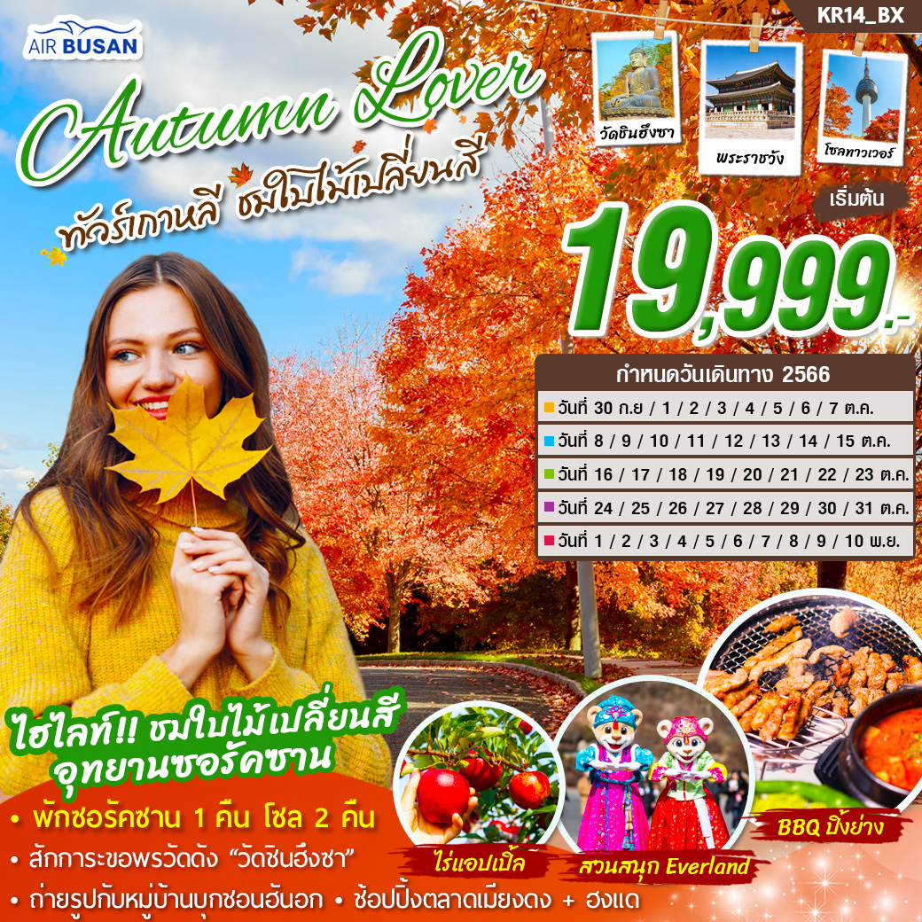 ทัวร์เกาหลี Autumn Lover ชมใบไม้เปลี่ยนสี 5วัน 3คืน (ฺBX)